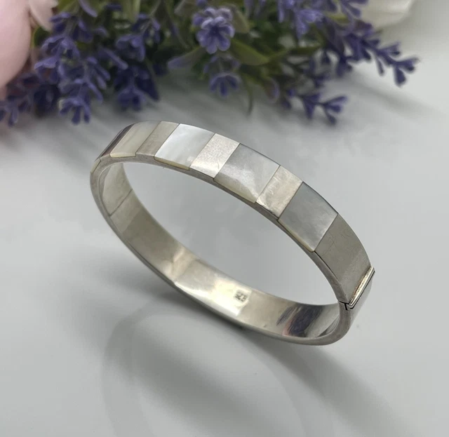 Vintage Sterling Silver Bangle With Mother Of Pearl Detailing