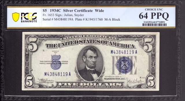 1934 C $5 Silver Certificate Note Fr.1653 Ma Block Pcgs B Choice Unc 64 Ppq