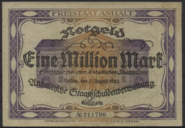 [26401] - Notgeld ANHALT, Freistaat, Dessau, 1 Million Mark, 09.08.1923, Keller