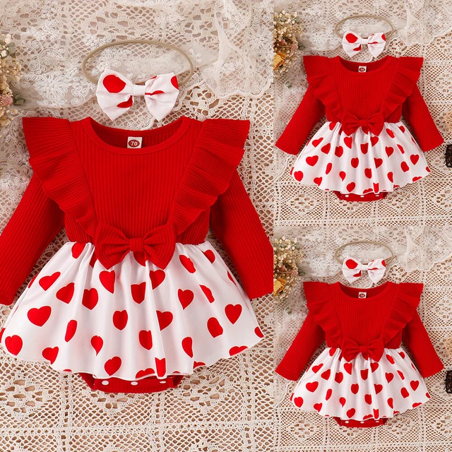 Newborn Baby Girls Heart Print Bodysuit Ribbed Romper Dress Headband Outfit Set