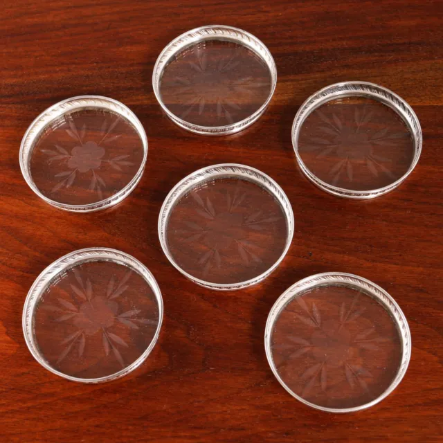 6 American Sterling Silver Coasters Gadrooned, Etched Glass Floral Spray