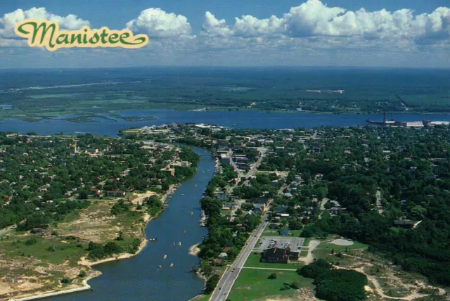 Aerial View of Manistee, Lake Michigan, Manistee River, Bridge, Boats - Postcard