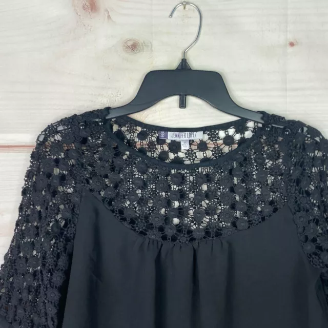 Jennifer Lopez Top Womens S Black Chiffon Blouse Lace Sleeves Round Neck Solid 2