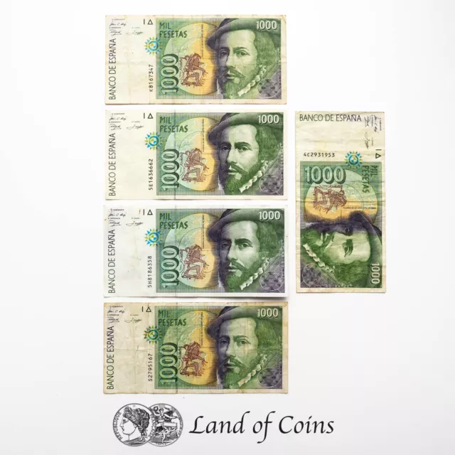 SPAIN: 5 x 1,000 Spanish Peseta Banknotes.