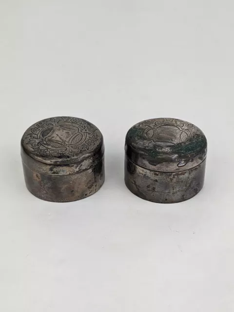 Pair Of 2 Antique 1877 Swedish Silver Jewelry Trinket Lidded Box Round Handmade