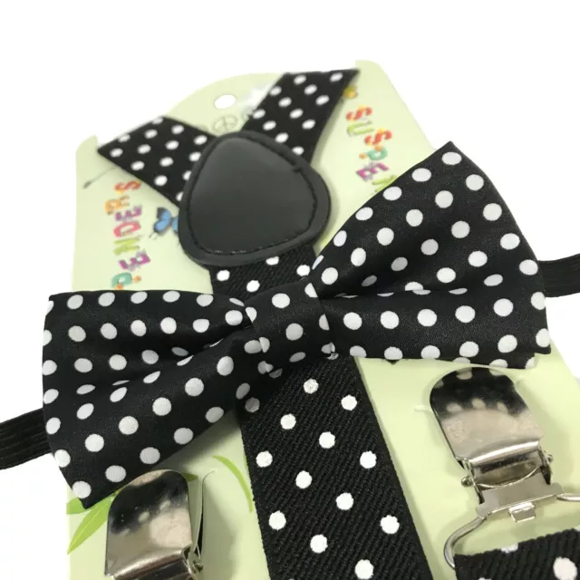 Black Polka Dot Suspender + Bow Tie Matching Set Wedding Kids Boys Girls Baby