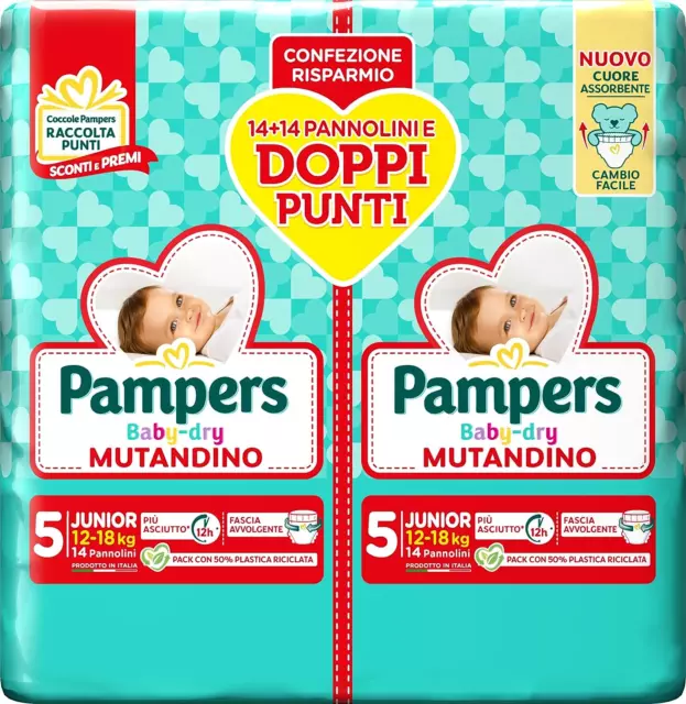 Pampers Baby Dry Mutandino Tg. 5 12/18 Kg Da 28 Pz Pacco Doppio 14+14 Pannolini