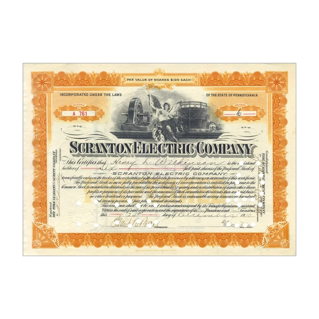 Scranton Electric Company Stock Certificate // 6 Shares // Orange // 1910