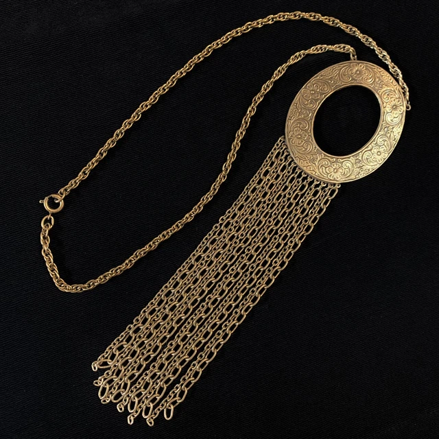 Vtg Art Nouveau Floral Scroll Repousse Large Pendant Chain Fringe Necklace 18”
