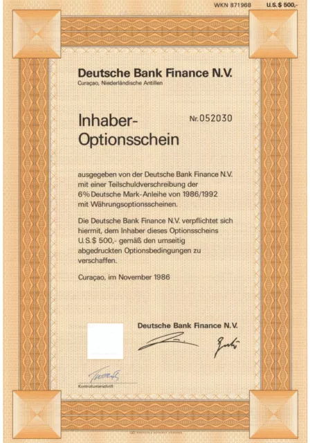 Deutsche Bank Finance - Inhaber Optionsschein - 1986 - Deutschland -