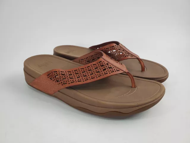 FitFlop Size 11 Surfa Floral Lattice Thong Sandals Laser Cut Brown Leather