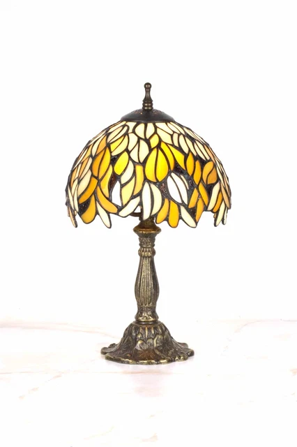 Lampada da tavolo in stile tiffany con base in ottone e paralume con foglie oro