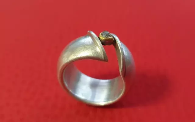 Vintage Silber Ring mit Rohdiamant u. 14 Karat Gold Größe 56 (17,8 mm Ø) Maßiv