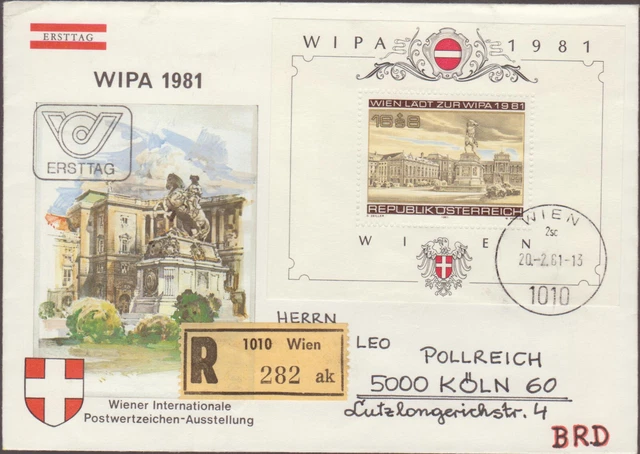 1 schöner Österreichischer Reco- Ersttagbrief , mit Block: WIPA 1981, gelaufen