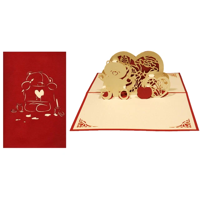 Carte Kirigami 3D Pop-up Bouquet De Fleurs Rouge/Écru - Neuf Avec Enveloppe
