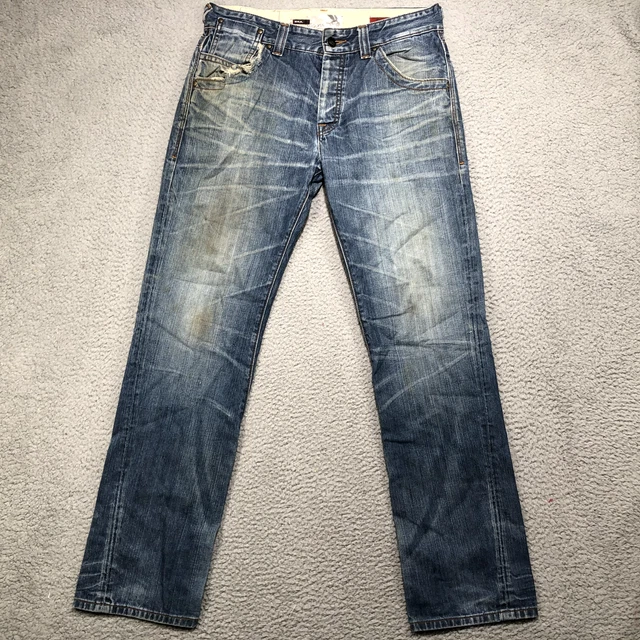 VIGOSS Jeans Mens 34x34 Blue Low Rise Regular Straight Button Fly Distressed