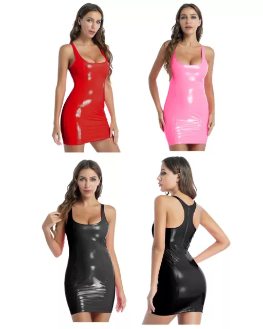 Women Sexy Bodycon Mini Dress Shiny Patent Leather Party Dress with Back Zipper