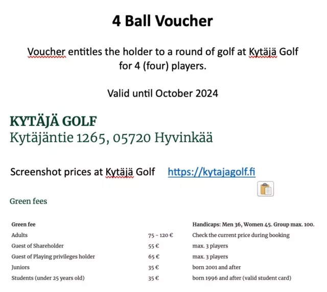 4 Golf green fee voucher for Finnland / 4 Golfin green fee seteli Suomeen.