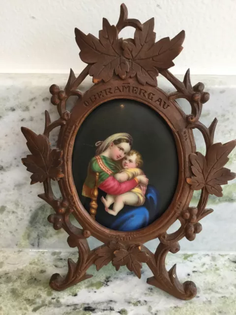 Antique Porcelain Hand Painted Madonna and Child In Hand Carved Frame Germany