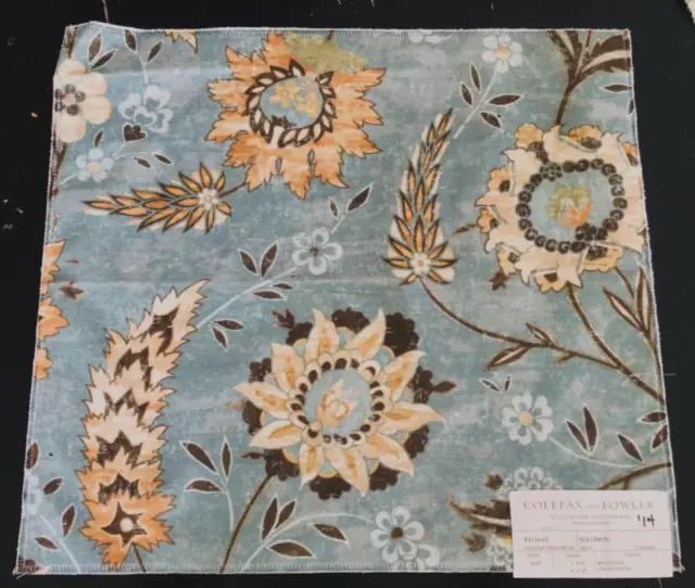 COLEFAX & FOWLER Solomon in Aqua 15 3/4 x 17 1/2" Floral Cotton Fabric Sample