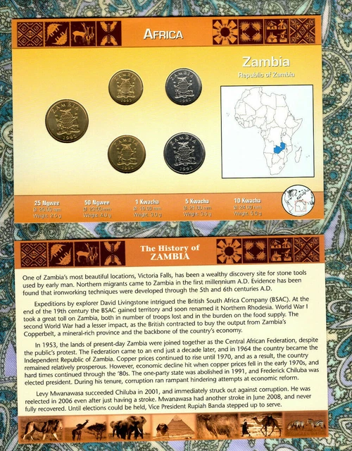Littleton World Coin Set Zambia w/card UNC 50,25 Ngwee, 1,5,10 Kwacha 1992