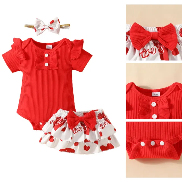 Newborn Baby Girl Knit Bow Romper Strap Floral Skirt Dress Headband Outfits