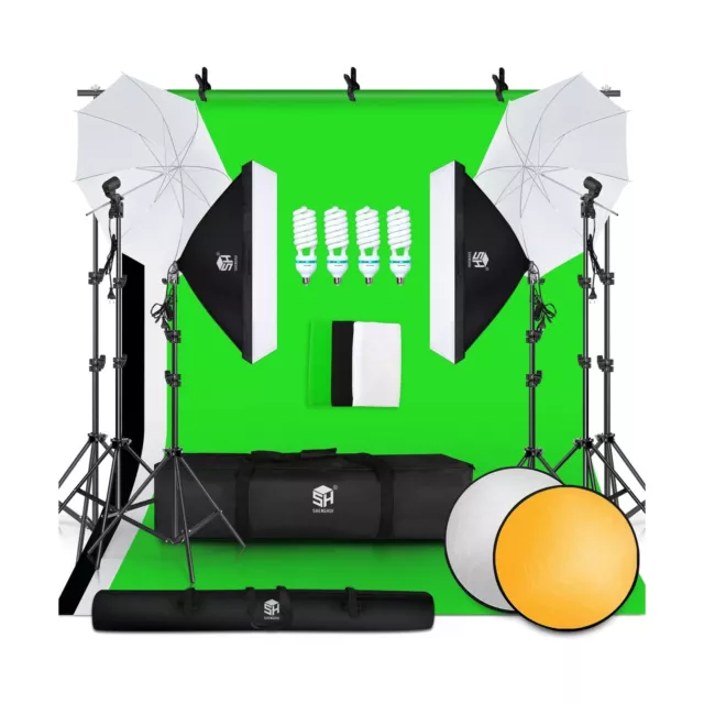 SH Photography Lighting Kit 4 x 65W 5500K LED Bulbs Green Screen 2.6x3M/8.5FT...