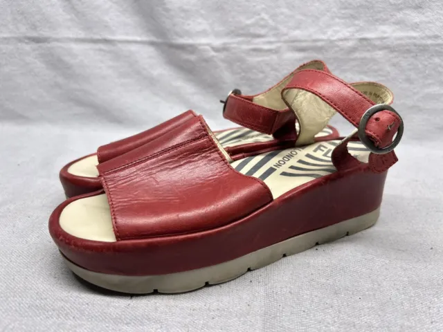 $180 FLY London Women Begs Wedge Sandal Shoe RED EU 39 / 8-8.5