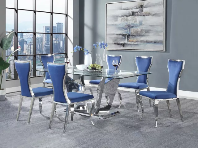 Modern Stainless Steel & Glass Top Table & Blue Chairs - 7 piece Dining Set INB3