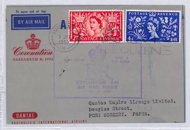 GB QEII FDC London AIR LETTER 1953 QANTAS CORONATION FIGHT Papua{samwells}YB146