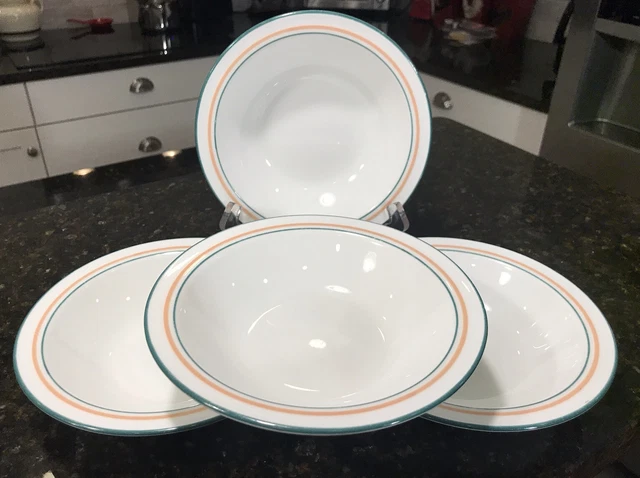 Set Of 4 Corning Stoneware Soup Cereal Bowl White W/Green & Orange Stripe 6 3/4”