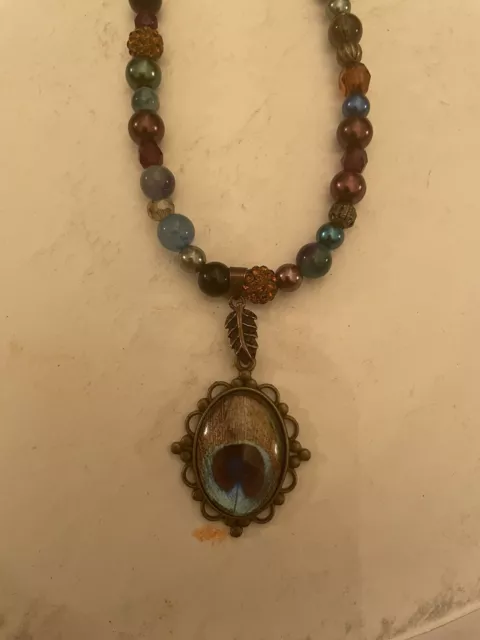 Vintage Brass Victorian Filigree Oval Peacock Pendant Crystal  Bead Necklace