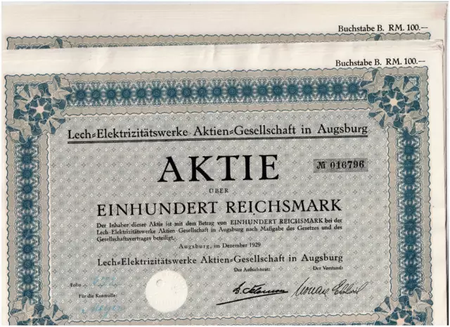 Set 10 Lech-Elektrizitätswerke AG, Augsburg 1929, 100 RM, VF