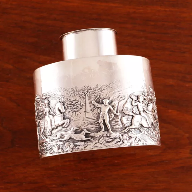 Stokes & Ireland English Sterling Silver Tea Caddy Horses Hounds Fox Hunt 1897
