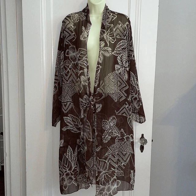 Chico’s brown & cream tropical print semi sheer kimono/cover up/duster