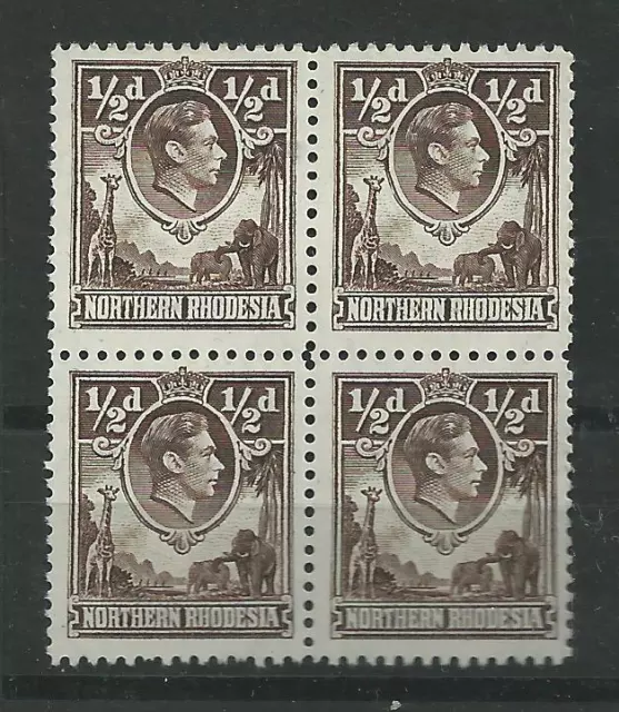 N.RHODESIA, 1938 KGV1 DEFINS, 1/2d SG 26, MNH BLOCK OF 4, CAT £9