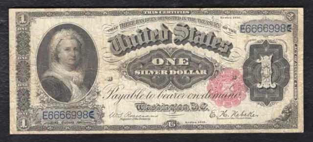 Fr. 221 1891 $1 One Dollar “Martha” Silver Certificate Currency Note Very Fine