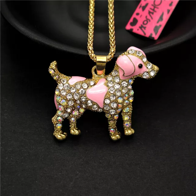 Fashion Women Shiny Pink Crystal Enamel Dog Rhinestone Pendant Chain Necklace