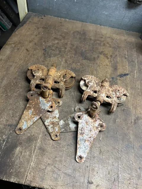 Antique Patina Myers Adjustable Stay On Cast Iron Barn Door Rollers Pair Set USA