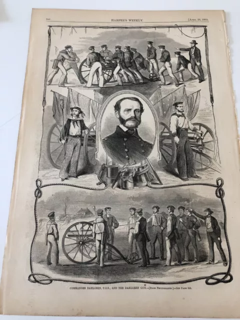 1861 Harpers Antique Print US Navy Commander Dahlgren & Dahlgren Gun Cannon 8919