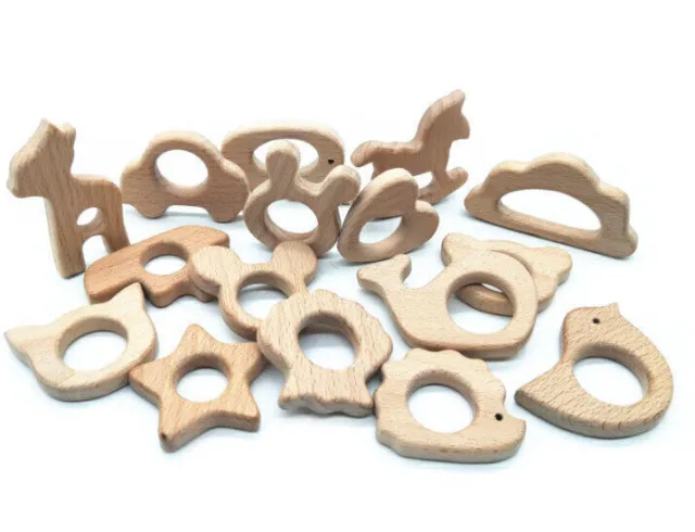 12x Beißringe aus Holz in verschiedenen Formen Schnuller Ring Baby Spielzeug ML