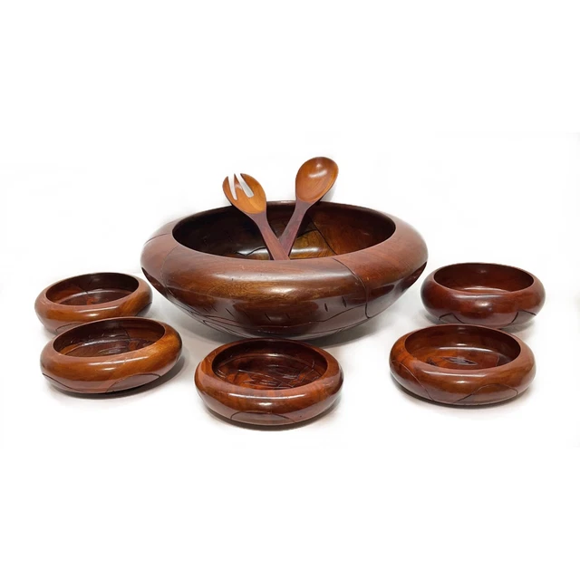 Vintage Hand Carved Fish Pineapple Wood Large Salad Bowl 5 Serving Bowls 14" dia