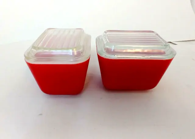 Vintage PYREX RED 2 Refrigerator Dishes 0501 With LIDS 501C Ribbed Set Of 2