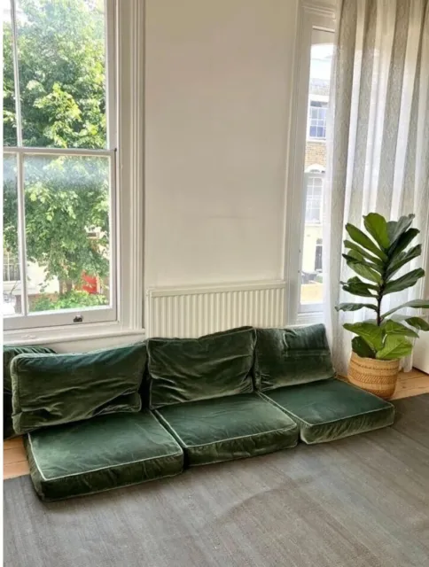 Beautiful vintage silk cotton green sofa cushions - mid century modern - 3 seat