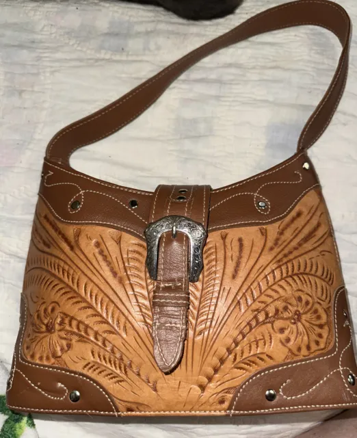 American West  2tone Tooled Leather Western Tote Handbag Shoulder Bag Purse
