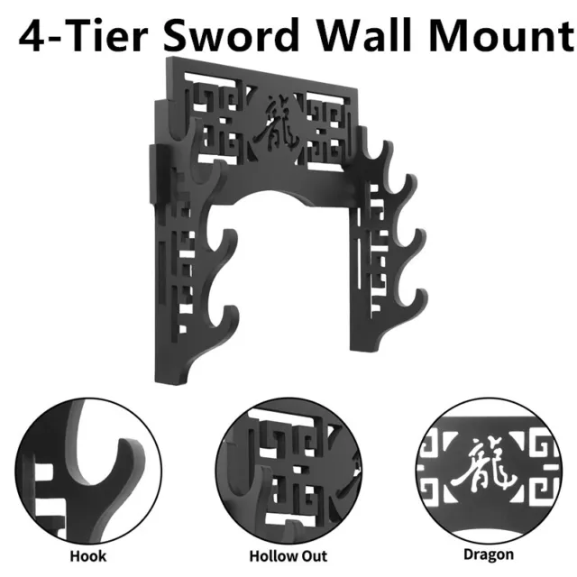 4-Tier Wall Mount Sword Rack Holder Wood Samurai Katana Display Storage Stand 龍