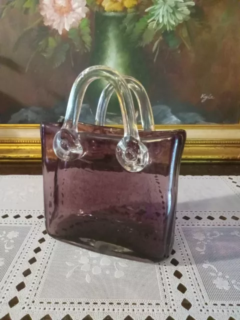 Hand Blown Murano Style Purple Amethyst Glass Purse /Handbag Vase 7" Tall