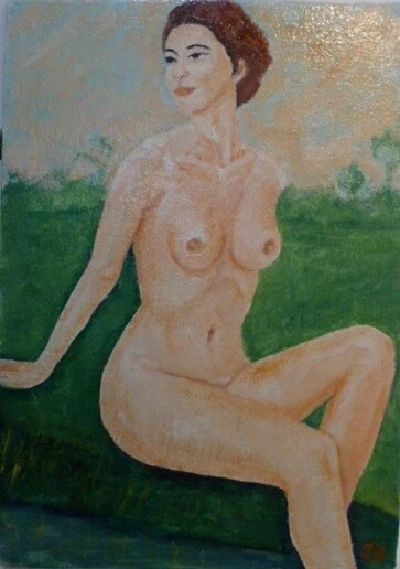Dipinto Olio Su Tela Incollata A  Tavola - Nudo Donna Seduta In Riva A Ruscello.