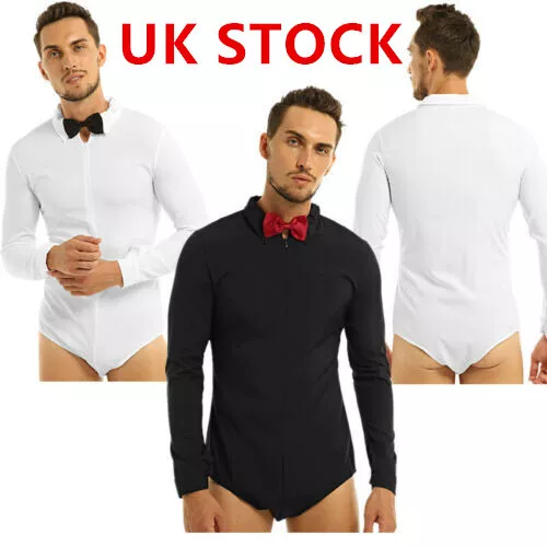 Mens Long Sleeve Button Crotch Latin Dance Shirt Bowtie One-piece Romper Shirts