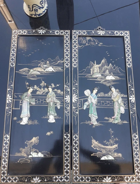 Boîte Ancienne Bois Laqué Chine - Décor Scène Procession Incrustations Nacre, Bon état